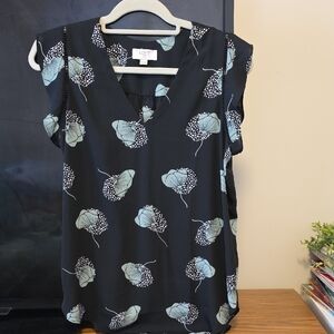 LOFT Black and Green Floral Blouse